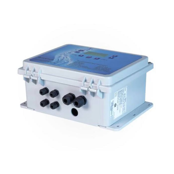 The Gray electrical junction box, crafted for seamless integration with Pentair Automation Products, includes multiple cable outlets on one side. Its blue panel, featuring buttons and a small screen on top, is compatible with the Pentair Pool 522622 IntelliChem Controller for precise chemical management.
