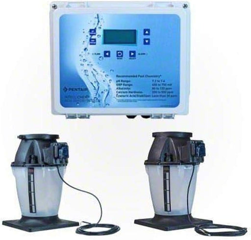 The Pentair Pool IntelliChem Controller, product 522622, comes complete with a control panel and tank-mounted pumps. It features both acid and chlorine tanks, all set against a pristine white background.