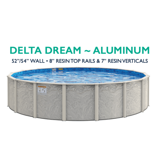 52"/54"H Delta Dream Round Aluminum Wall Pool Kit with Skimmer & Liner - Salt Friendly - 8" Rails – Vita Pool Supply