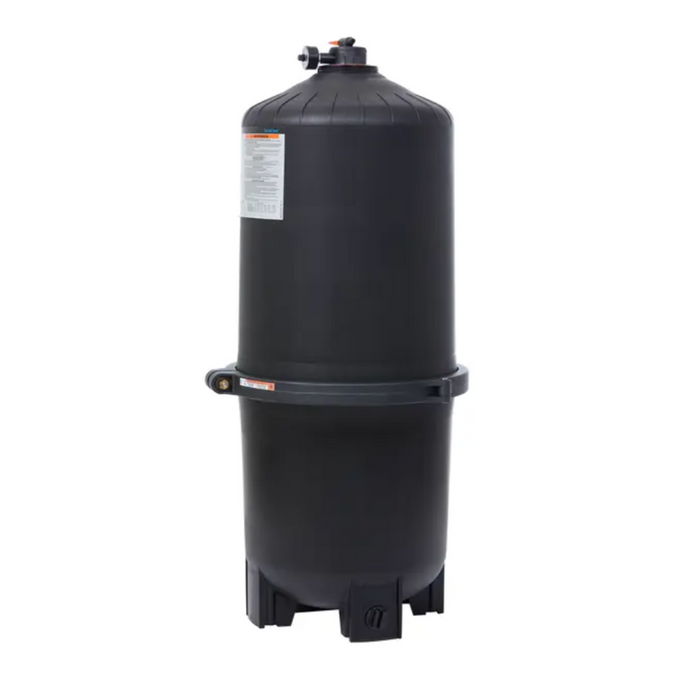 The elegant, black cylindrical pool filter from Hayward, model 525 Sq Ft SwimClear Multi 4 Cartridge Filter W3C5030, capable of handling up to 50K gallons, stands proudly on its base with a round top.