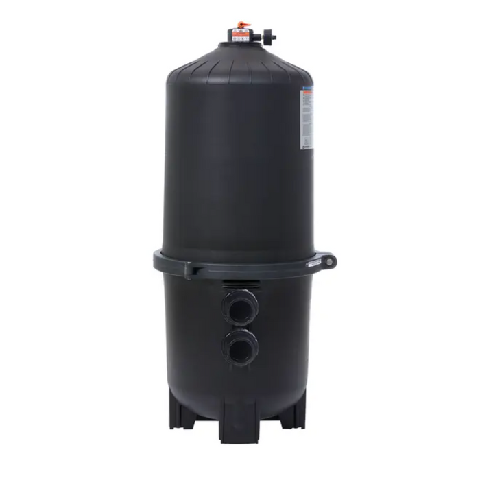 The Hayward 525 Sq Ft SwimClear Multi 4 Cartridge Filter W3C5030, suitable for pools up to 50,000 gallons, features two inlet/outlet connections and a top-mounted pressure gauge for optimal performance.