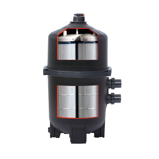Explore the Hayward 525 Sq Ft SwimClear Multi 4 Cartridge Filter W3C5030, designed for pools up to 50,000 gallons, and take a look inside with a cutaway view that showcases its internal filter cartridges and components.