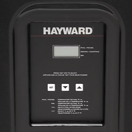 Close-up of a Hayward pool and spa control panel featuring a small screen and buttons, seamlessly integrating with the Hayward 90K BTU HeatPro Heat Pump (model W3HP21004T) to efficiently manage in-ground pools up to 15,000 gallons on a square platform.
