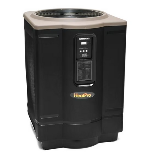 The Hayward 90K BTU HeatPro heat pump, model W3HP21004T, is perfect for in-ground pools up to 15,000 gallons. It features a modern digital display on its front panel, combining a black and beige design with exceptional heating capabilities.