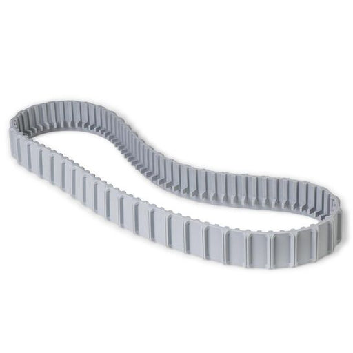 The Maytronics Dolphin Grey Tracks 9983152-R2 2-Pack features gray, flexible timing belts with evenly spaced teeth along their inner edges, coiled into a loop shape on a white background; these tracks are ideal as Genuine Parts and Replacement Tracks for your Dolphin pool cleaner.