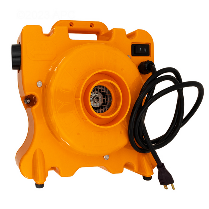 The Air Supply of the Future's Air Supply 4128100P Cyclone Pro Wintering & Installing Liners Liner Vac, in orange, includes a convenient handle, power switch, and coiled black electrical cord, making it perfect for efficiently winterizing pools or installing vinyl liners.