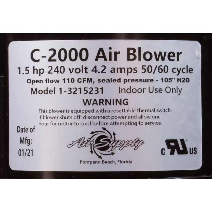 Label of an Air Supply 3220231 Comet 2000 C-2000 Air Blower detailing specifications and warnings. Black and white, "Air Supply of the Future" logo, made in Florida. Features super quiet blower technology and thermally protected motors for enhanced safety.