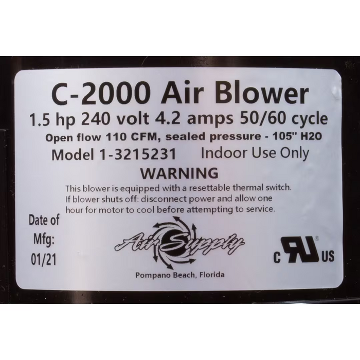 Air Supply 3220231 Comet 2000 C-2000 Air Blower 2HP 240V