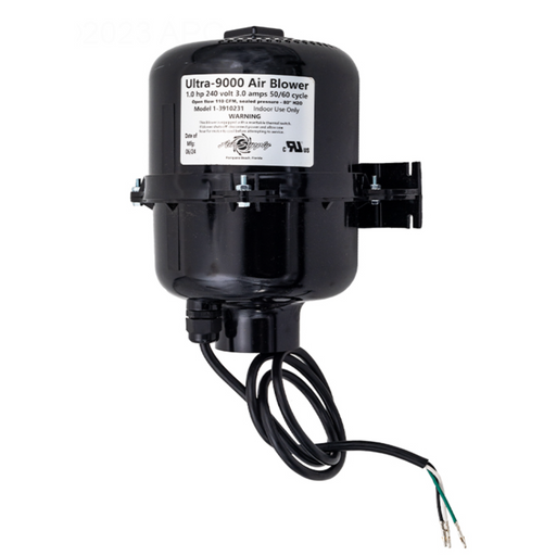 An Air Supply of the Future Ultra 9000 Spa Blower in black, featuring attached electrical wires, a labeled body, and a durable spring check valve for reliable operation.