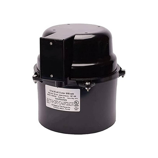 The Air Supply of the Future Silencer Air Blower, available in various sizes and featuring labeled metal housing with mounting brackets, is designed for quiet performance.