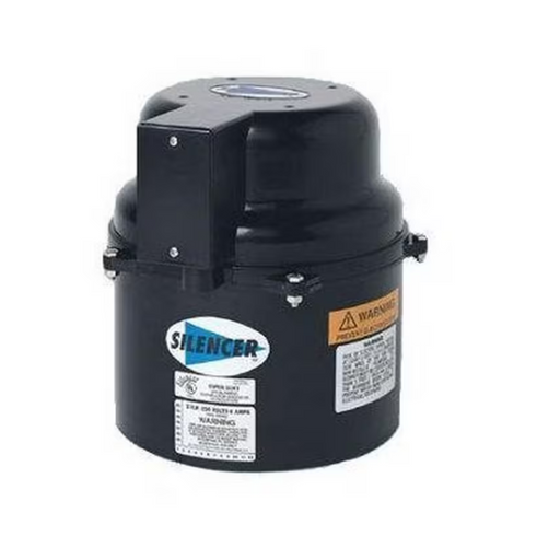 The Air Supply of the Future Silencer Air Blower, known for its quiet performance, features a cylindrical black design with a blue and white label, a warning sticker, and multiple connectors.