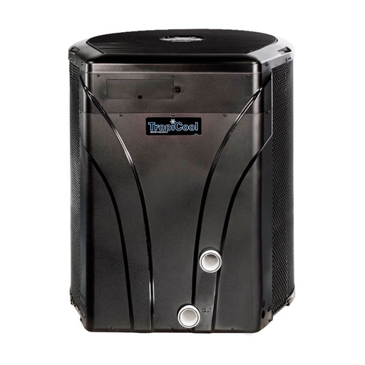 An AquaCal TropiCool Pool Water Chiller Cold Plunge (2K-4K gallons) in black, with a sleek, modern design and a titanium heat exchanger for efficient swimming pool temperature control.