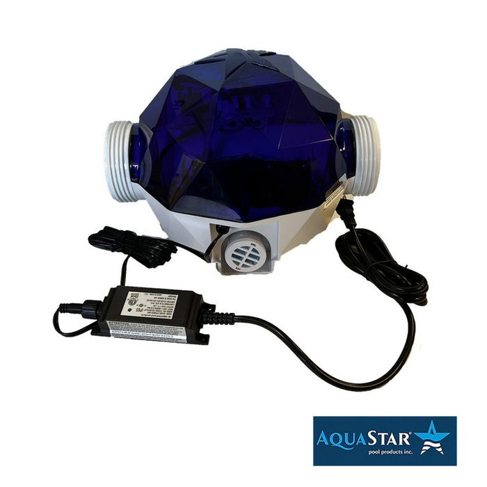 A spherical pool cleaning device in blue and white with cords, shown next to the AquaStar Pool Products PureStar PS10 Corona Discharge Ozone System 1 GPH logo.