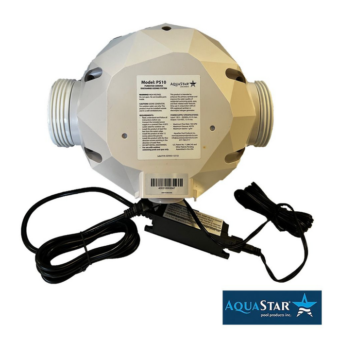 The AquaStar PS10 PureStar Corona Discharge Ozone System 1 GPH is a round pool pump device featuring multiple inlets/outlets and attached power cords, making it ideal for comprehensive pool care. The bottom right corner showcases the AQUA STAR logo, signifying its PureStar quality.
