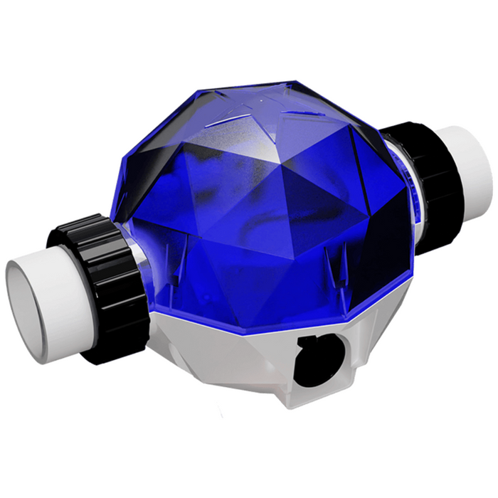 An AquaStar PS10 PureStar Corona Discharge Ozone System 1 GPH by AquaStar Pool Products, featuring a geometric blue and white design with two white connectors and black adjustment knobs—ideal for pool care.