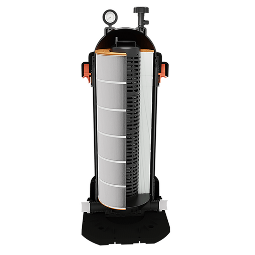 A cutaway view of the AquaStar Pool Products' cylindrical AquaStar Pipeline Pool Cartridge Filter system with a pressure gauge on top.