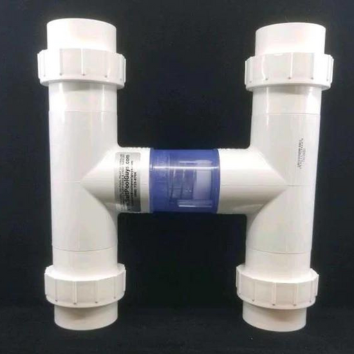 PVC pipes and fittings are assembled to form the letter "H" on a black background, highlighting the precision required for the AquaCal STK0135 External Heater Bypass Valve Kit by AquaCal.