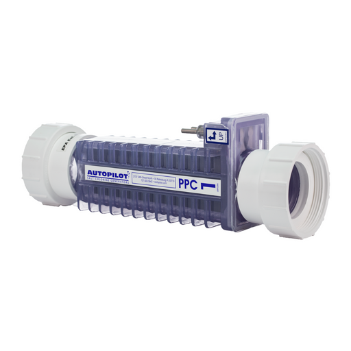 Introducing the AutoPilot PPC1 Replacement Cell with Unions for 40K gallon pools, featuring clear cell construction, white end caps, and a transparent body—perfect for your Pool Pilot® Digital Nano system.