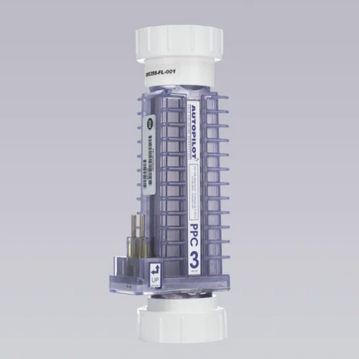 A transparent cylindrical water filter cartridge branded with "AutoPilot" and labeled "AutoPilot PPC3 Replacement Cell with Unions 50K gal," featuring an arrow for the correct installation orientation, white end caps, labeling stickers, and a visible usage status indicator. This cartridge is suitable as a replacement cell for pool chlorine production.