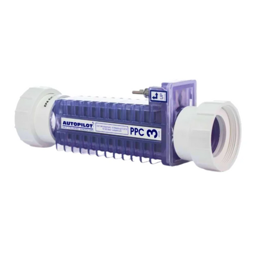 The image depicts an AutoPilot PPC3 Replacement Cell with Unions 50K gal used for pool chlorination. It features a transparent cylindrical body with white end caps and a blue sticker labeled "AUTOPILOT PPC3," ensuring efficient chlorine production for pools.