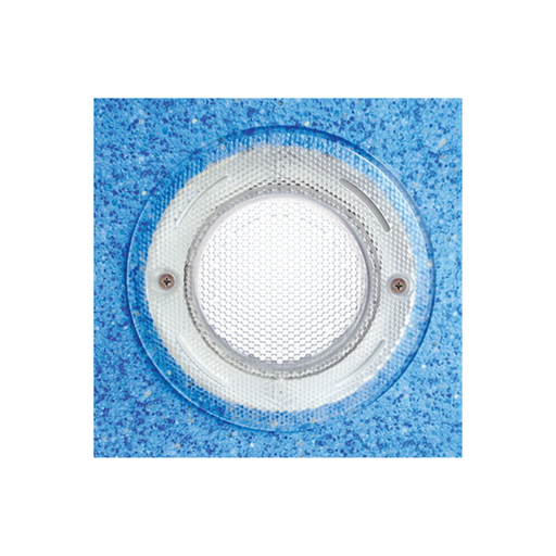 Close-up of a Blue Square Spectrum 360 Blue LED Pool Light Bulb 200040-BL embedded in a blue textured pool wall.