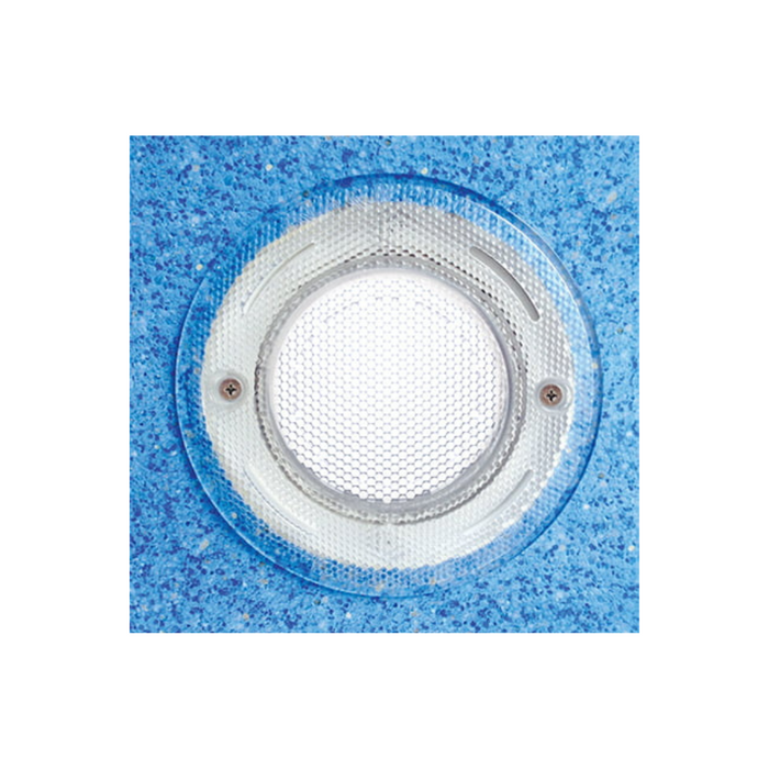 Close-up of a Blue Square Spectrum 360 Blue LED Pool Light Bulb 200040-BL embedded in a blue textured pool wall.