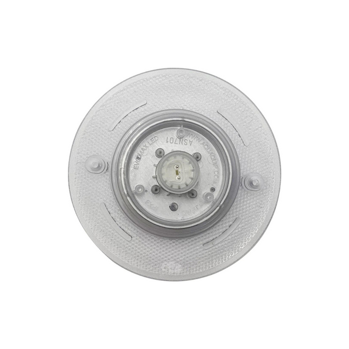 Image of a circular Blue Square Spectrum 360 Blue LED Pool Light Bulb 200040-BL with a clear plastic cover, showcasing its internal wiring and connectors, designed for energy-efficient performance.