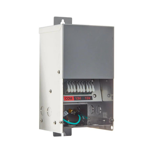 Blue Square Vivid Light Transformer 13-15 Volts - 150 Watts (VLT600150) featuring a grey cover, with visible internal wiring and terminals labeled COM, 13V, and 15V at the bottom—perfect for transformer setups in low-voltage lighting systems.