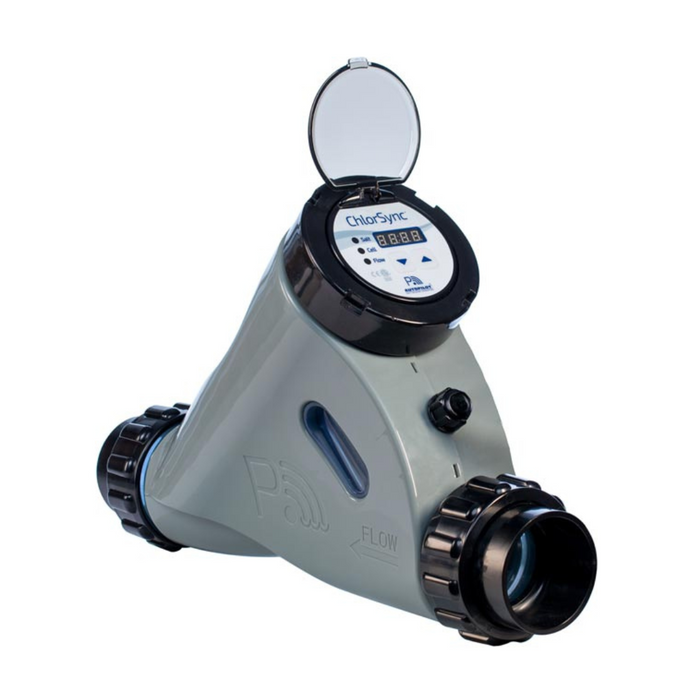 The AutoPilot CS30 ChlorSync® Salt Chlorine Cell 30K gal (Cell only) is a sleek, triangular grey device with a digital display and an open lid. It features black pipes on both ends and is labeled "Flow" and "ChlorSync Power Center". This unit seamlessly integrates with the PoolSync WiFi Controller for efficient pool management.
