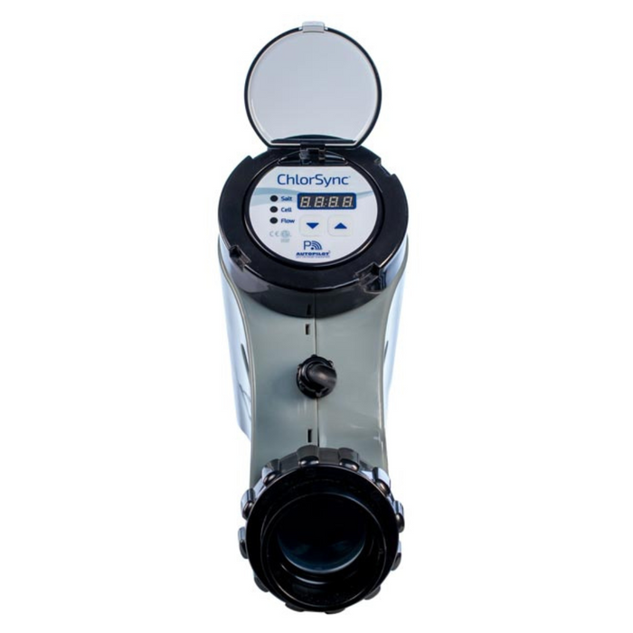 A front view of the AutoPilot CS30 ChlorSync® Salt Chlorine Cell 30K gal (Cell only), showcasing a digital display, control buttons, a cylindrical tube attachment, and compatibility with the PoolSync WiFi Controller.