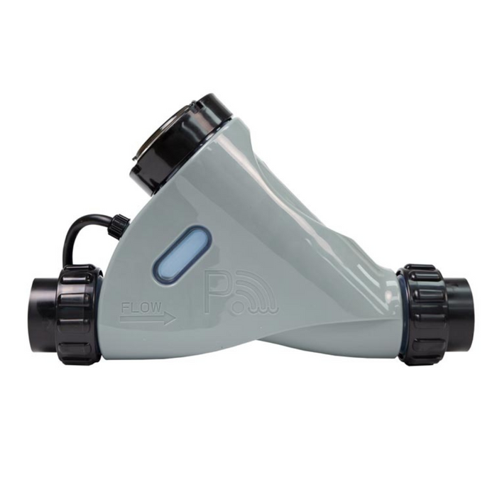 The AutoPilot CS30 ChlorSync® Salt Chlorine Cell 30K gal (Cell only) in gray, with black connectors and a blue indicator window featuring an arrow for flow direction, integrates seamlessly with the PoolSync WiFi Controller for enhanced pool management.