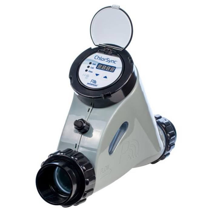 The AutoPilot CS30 ChlorSync® Salt Chlorine Cell 30K gal (Cell only) from AutoPilot features a digital control panel on top, a funnel-shaped body, and two black pipe connectors on the sides.