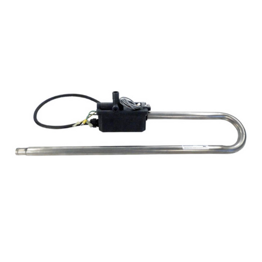 The Therm Products Caldera 4.0KW Spa Heater 26-3473-1-5T-K 240V by Caldera features a long metal heating element with a black control box attached, complete with a Titanium Heater Element and an extending power cable.