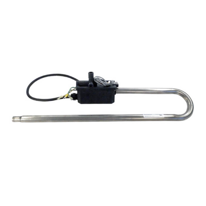 The Therm Products Caldera 4.0KW Spa Heater 26-3473-1-5T-K 240V by Caldera features a long metal heating element with a black control box attached, complete with a Titanium Heater Element and an extending power cable.