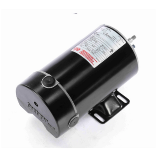 The Century 1.5HP Pump Motor 1 Ph 230/115V 48Y BN35V1 from Century is a black electric motor equipped with sealed ball bearings and a stainless steel shaft, meticulously mounted on a sturdy metal base that displays labeled specifications.