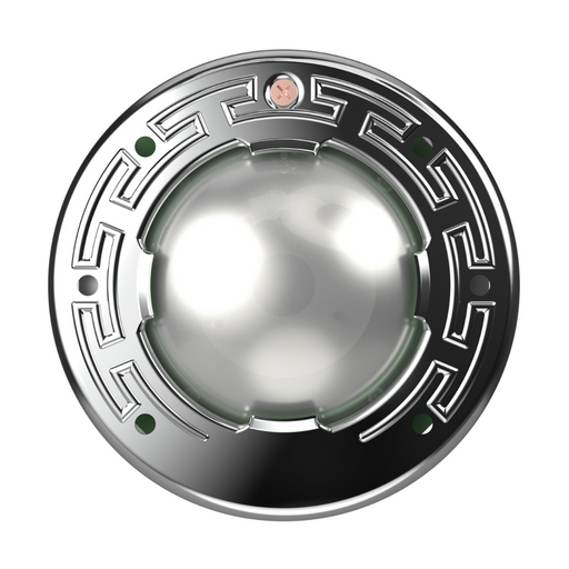A spherical metal item with a central dome and detailed exterior design, featuring gold and green highlights, reminiscent of the Pentair Pool 100' 120V 28W Multi Color IntelliBrite Architectural Spa Light (602203).