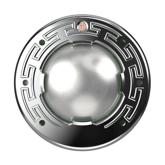 A spherical metal item with a central dome and detailed exterior design, featuring gold and green highlights, reminiscent of the Pentair Pool 100' 120V 28W Multi Color IntelliBrite Architectural Spa Light (602203).