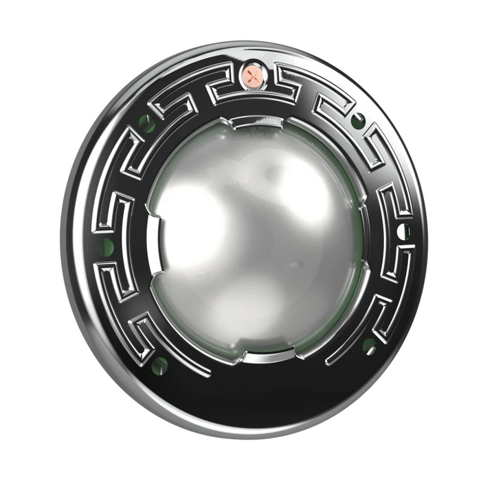 A sleek, circular object with complex designs and a domed center, similar to the Pentair 100' 120V 28W Multi Color IntelliBrite Architectural Spa Light by Pentair Pool, adds a futuristic vibe to any environment.