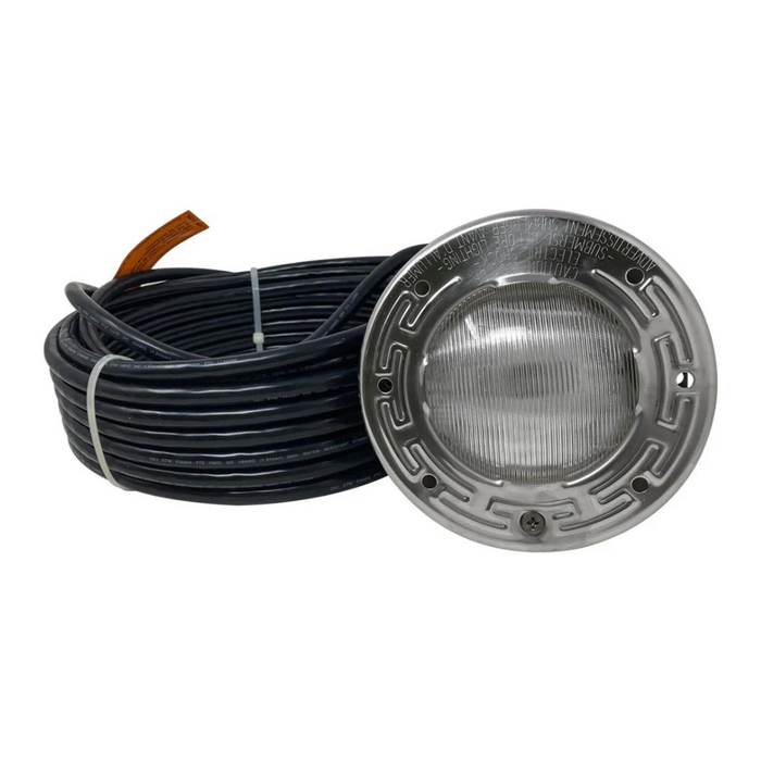 Pentair Pool's 100' 120V 28W Multi Color IntelliBrite Architectural Spa Light features a sleek round metal design with a coiled black cable, making it an ideal choice for those looking for energy-efficient pool lighting solutions.