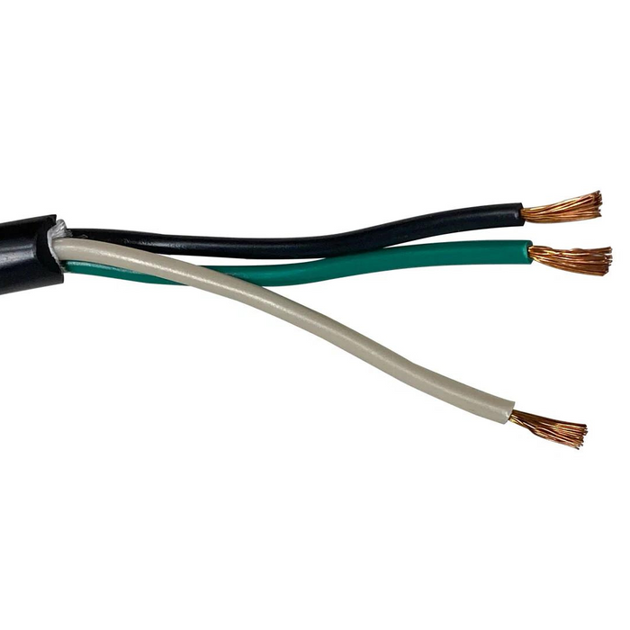 A set of three exposed copper-ended electrical wires in black, green, and white are included and ready for connection to the Pentair 100' 120V 28W Multi Color IntelliBrite Architectural Spa Light by Pentair Pool, providing vibrant and eco-friendly illumination.