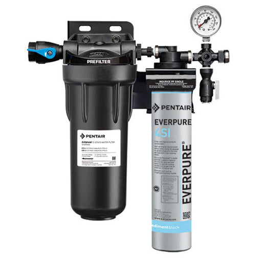 The Everpure EV9324-61 Insurice PF-4SI Ice Filtration System with a black prefilter, gauge, and an Everpure 4SI sediment block filter provides effective dirt reduction and scale protection, making it ideal as an ice machine filter.