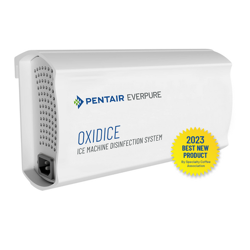 A white Everpure Oxidice Ice Machine Disinfection System CD385A 120V with a "2023 Best New Product" badge, featuring advanced bacteria reduction technology.