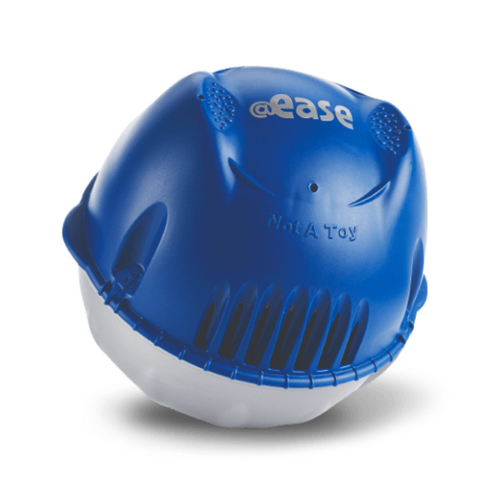 Blue and white spherical pool sanitizer with holes, branded as FROG @ease Swim Spa Sanitizing System, featuring SmartChlor Technology for self-regulating sanitizing.