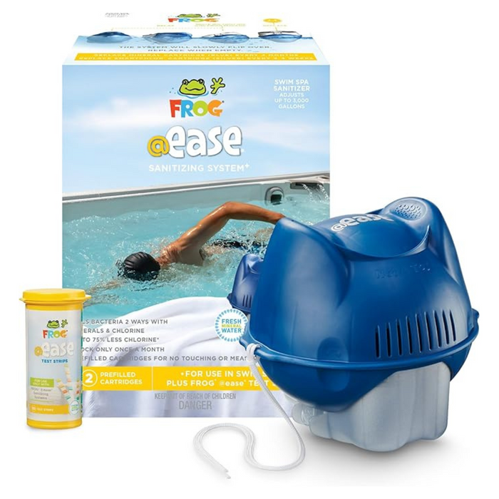 The FROG @ease Swim Spa Sanitizing System features a blue cartridge and test strip container that uses SmartChlor Technology for self-regulating sanitizing, ensuring your mineral water remains crystal clear.