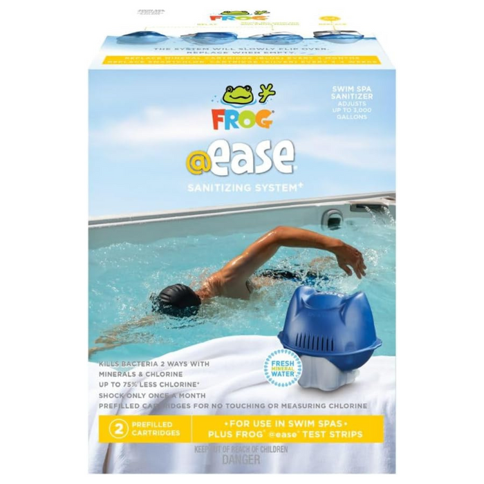 The packaging for the FROG @ease Swim Spa Sanitizing System, which features a swimmer in a pool and includes product insertion instructions, emphasizes its self-regulating sanitizing capability through SmartChlor Technology.