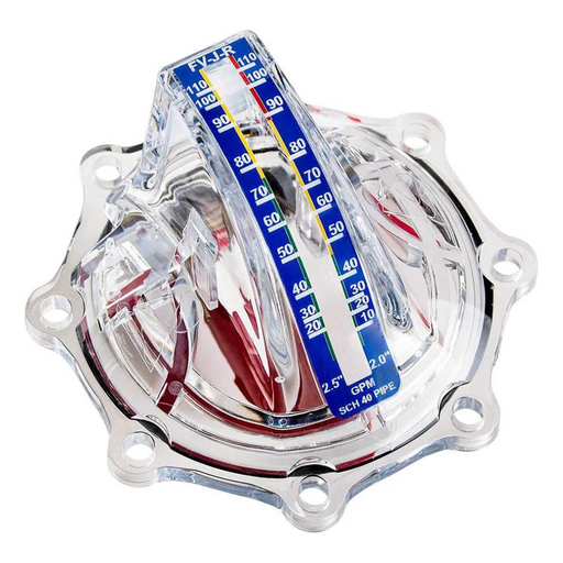 The H2flow FVJ-R 2" - 2.5" Jandy Valve Flowvis Flowmeter Retrofit Kit FVJR by H2flow Controls features a clear flow meter with a colored numerical scale, mounted on a metallic circular base with multiple screw holes. This NSF 50 certified device is ideal for pool and spa applications, ensuring both accurate readings and durability.