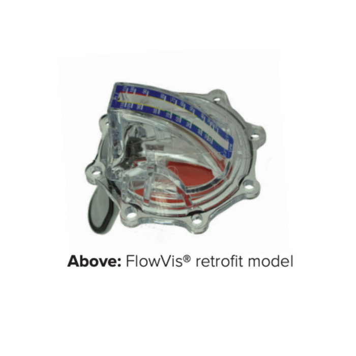 The H2flow FVJ-R-15 1.5" Jandy Valve FlowVis® Flowmeter Retrofit Kit by H2flow Controls features a clear plastic design with a curved scale, specifically engineered for pool and spa applications to deliver precise flow measurements.