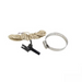 A hose clamp, a bundle of beige cord, and a black plastic component, resembling parts from the Hayward GLX-PC-12-KIT Temperature Sensor Kit with 15' Lead & Hose Clamp by Hayward, are laid out on a white background.