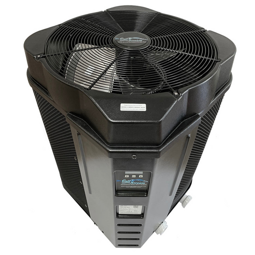 The Gulfstream 115K BTU Heat Pump 15K Gal HE110RA by Gulfstream boasts a sleek black exterior with a large fan mounted on top. Featuring an advanced scroll compressor, it delivers efficient cooling performance along with durability and reliability.