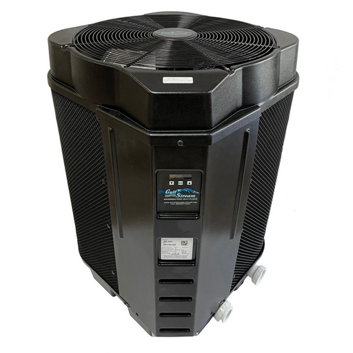 A black Gulfstream 125K BTU Heat Pump for 20,000-gallon pools, featuring an upright design with a control panel on the front and an ultra-quiet circular fan on top.